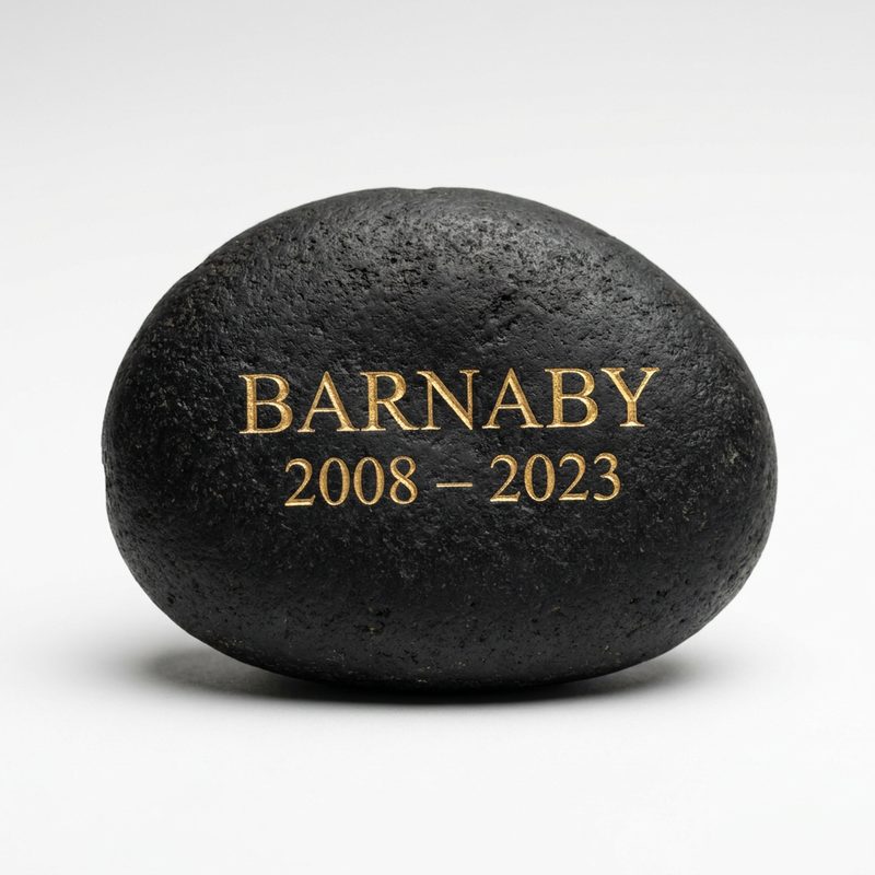 Small black river rock, 2.5 inches, with gold-filled engraved pet name and dates
