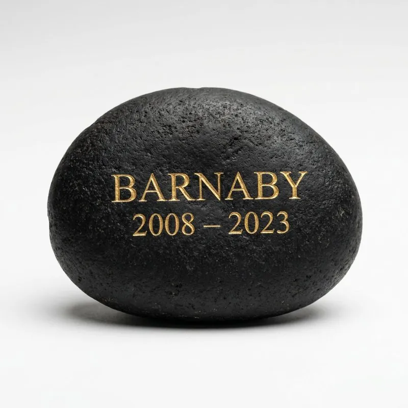 Palm-sized black stone keepsake, 2.5 inches, with gold-filled engraved pet name and dates