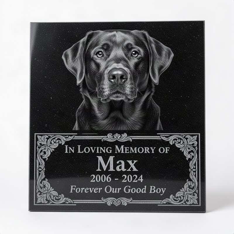 Thin polished black granite statement marker tile with large laser-engraved grayscale dog portrait, ornate border, name, dates, and Forever Our Good Boy message